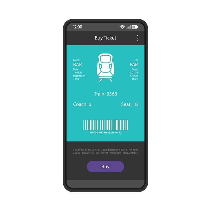 Vetor modelo de vetor de interface de aplicativo de reserva e compra de ingressos on-line pedido de ingressos layout de design preto de página de aplicativo móvel bilhete de trem eletrônico na tela ui plana exibição de telefone
