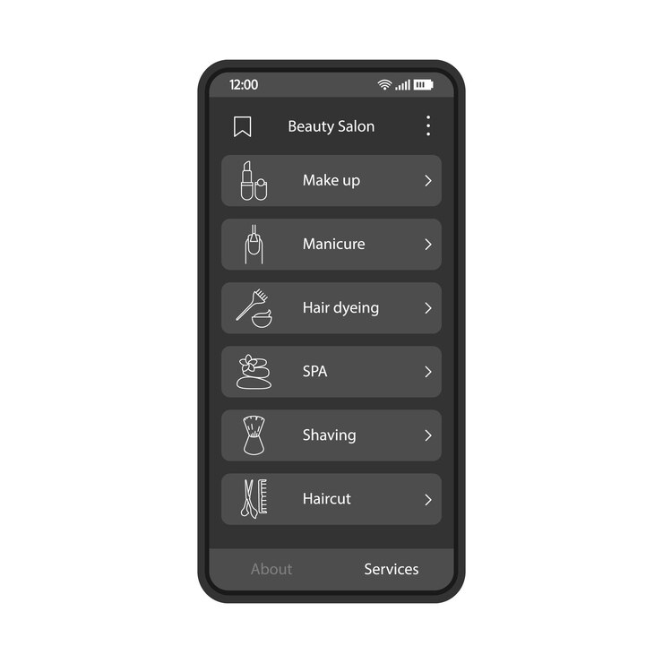 Vetor modelo de vetor de interface de aplicativo de salão de beleza layout de design preto de interface de aplicativo móvel spa maquiagem cabeleireiro procedimentos de manicure ui plana tela de telefone com lista de serviços de beleza