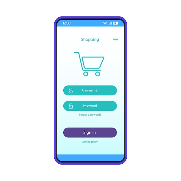 Modelo de vetor de interface de conta de compras online. compra digital. layout de design de página de aplicativo móvel. tela de login da loja na internet. autorização do usuário. iu plana. exibição do telefone com senha, nome de usuário