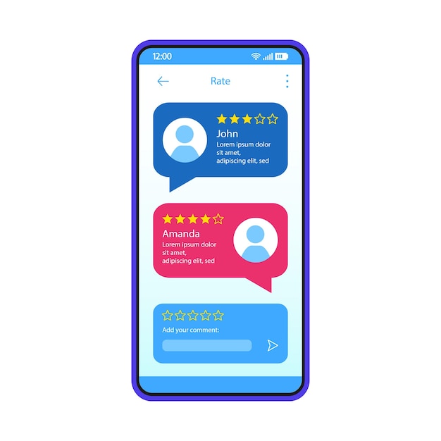 Modelo de vetor de interface de feedback de consumidores. layout de design azul de interface de aplicativo móvel. classificação dos usuários do serviço ou aplicativo. iu plana. exibição do telefone com caixas de bate-papo e classificação de pessoas