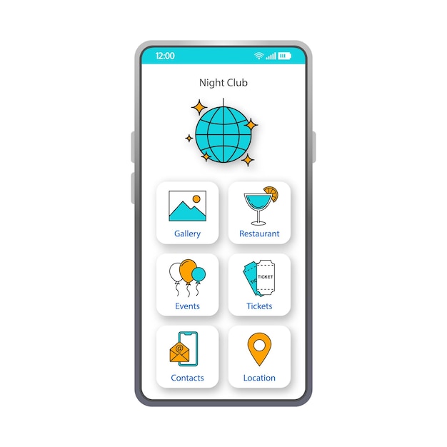 Vetor modelo de vetor de interface de smartphone de aplicativo de boate. layout de design branco da página do aplicativo móvel. galeria, restaurante, tela de eventos. ui plana para site de aplicativos de boate. exibição do telefone da vida noturna