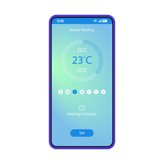 Modelo de vetor de interface de smartphone de aplicativo de controle de aquecimento doméstico. Layout de design azul da página móvel. Tela de aplicação do controlador de calor remoto. IU plana. Exibição inteligente do telefone do software de automação residencial