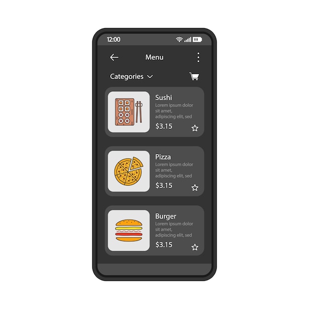 Vetor modelo de vetor de interface de smartphone de aplicativo de entrega de alimentos