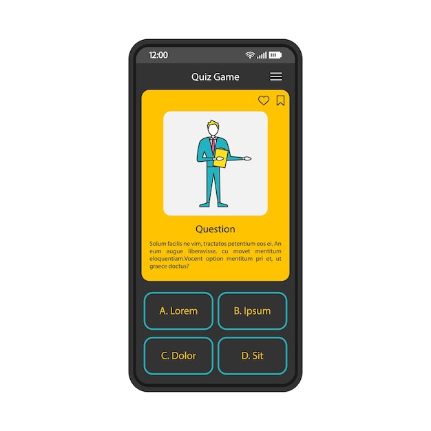 Modelo de vetor de interface de smartphone de aplicativo de jogo de perguntas e respostas