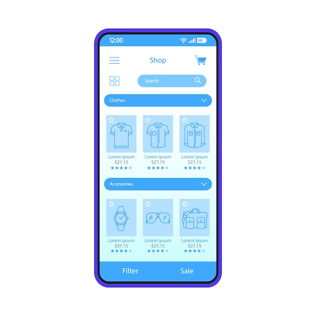 Modelo de vetor de interface de smartphone de app de compras online. loja de moda na internet. layout de design azul da página do aplicativo móvel. tela do site de moda masculina e acessórios. ui plana. display do telefone