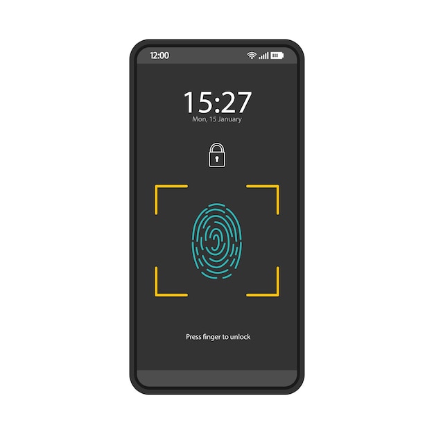 Modelo de vetor de interface de smartphone de autenticação biométrica touch id aplicativo de scanner de impressão digital layout de design de página de aplicativo móvel tela de digitalização de dedo ui plana tela de telefone com impressão digital