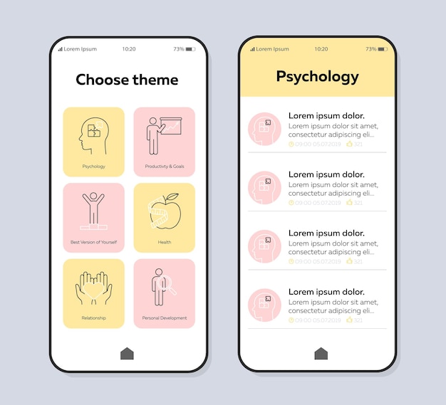 Modelo de vetor de interface de smartphone de desenvolvimento pessoal. layout de design de cores da página do aplicativo móvel. tela de psicologia do relacionamento. ui linear para aplicação. visor de telefone de estilo de vida saudável