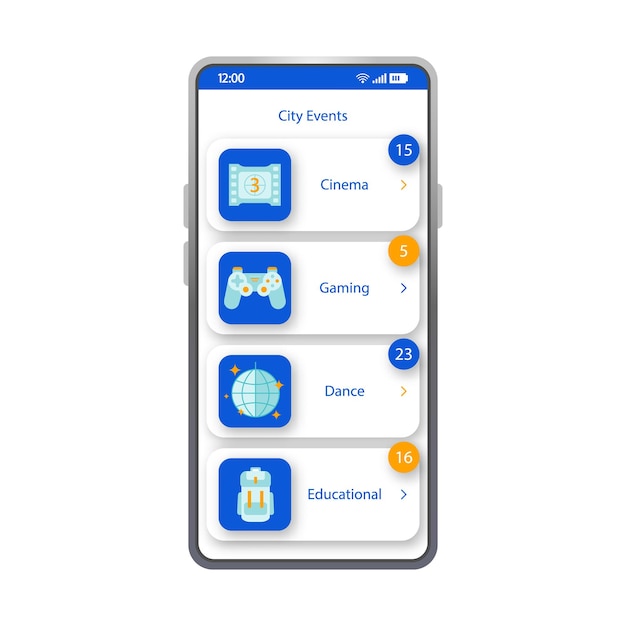 Modelo de vetor de interface de smartphone de eventos da cidade. layout de design do modo de luz da página do aplicativo móvel. cinema, jogos, tela de eventos de dança. ui plana para entretenimento, aplicativo de pesquisa de atividades. visor do telefone