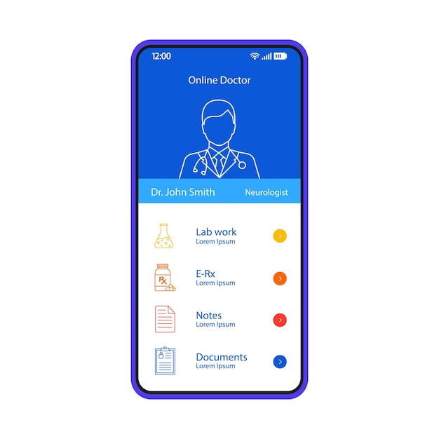 Modelo de vetor de interface de smartphone de perfil médico on-line. layout de design azul da página do aplicativo móvel. consulta virtual, consulta, tela de prescrição de medicamentos. ui plana para aplicação. visor do telefone