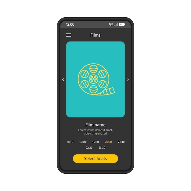 Modelo de vetor de interface de smartphone de reserva de ingressos de cinema