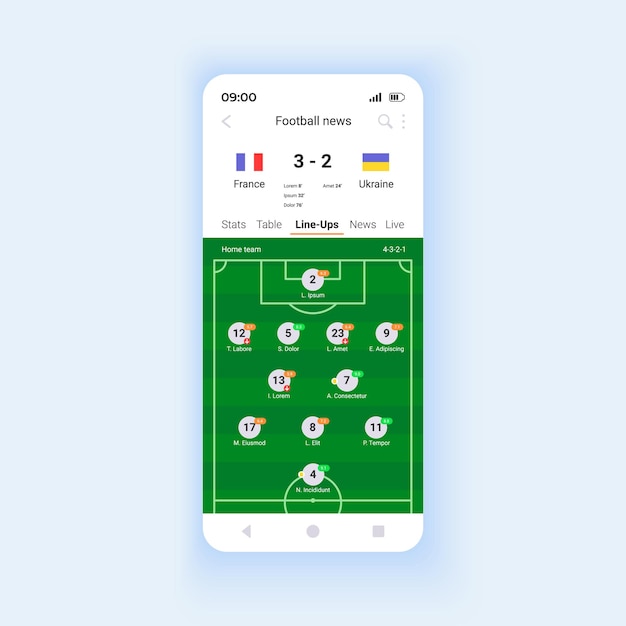 Modelo de vetor de interface para smartphone de notícias e resultados de futebol