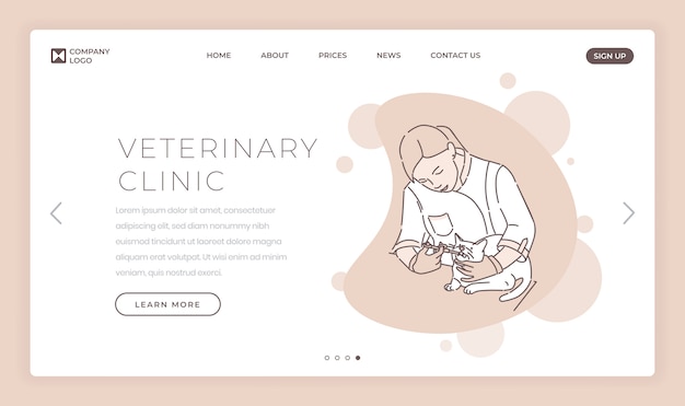 Modelo de vetor de página de aterrissagem clínica veterinária. ideia da relação da homepage do web site do hospital de animais com o doutor que trata ilustrações do gato. serviços médicos para o conceito de desenho de página da web de animais de estimação