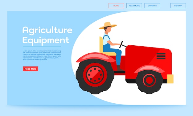 Modelo de vetor de página de aterrissagem de equipamento de agricultura. trator dirigindo a idéia de interface do site com ilustrações planas. layout de página inicial de máquinas agrícolas.