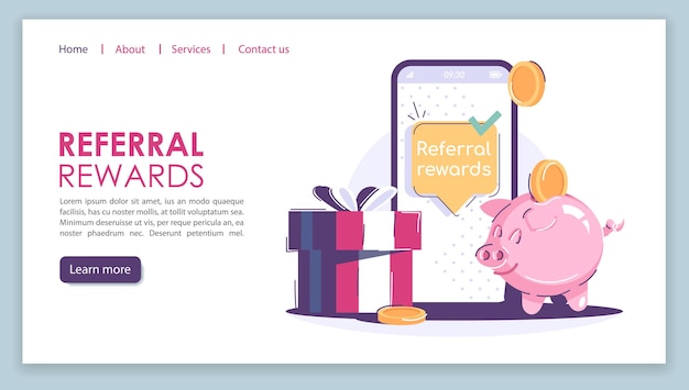 Modelo de vetor de página de destino do programa de recompensas de referência. ideia de interface de site de marketing viral com ilustrações planas. layout da página inicial da empresa. banner da web de negócios de publicidade, conceito de desenho animado de página da web