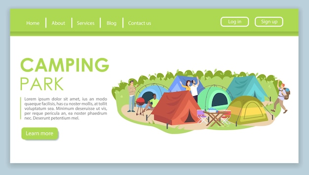 Modelo de vetor de página de destino festival de acampamento. Ideia de interface de site de agência de viagens com ilustrações planas. Layout da página inicial do turismo ao ar livre de verão. Banner da web do parque de barracas, conceito de desenho de página da web