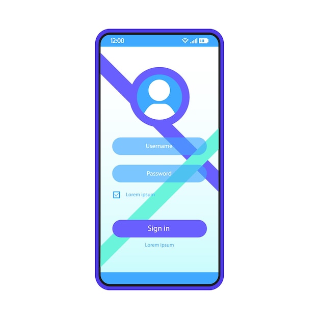 Modelo de vetor de página de smartphone de autorização de usuário. layout de design de interface de aplicativo móvel azul. tela de login, cadastre-se. aplicativo de interface do usuário plana. cadastro. exibição do telefone com senha e nome de usuário