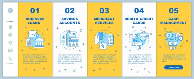Modelo de vetor de páginas da web móveis de integração de serviços bancários Gerenciamento financeiro Cartões de crédito e economia Interface de site de smartphone responsivo Telas passo a passo da página da Web Conceito de cor