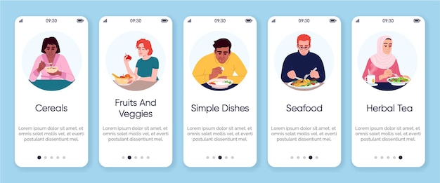 Modelo de vetor de tela de aplicativo móvel de integração de tipos de alimentos. várias opções de nutrição, opções de refeições passo a passo do site da web com caracteres planos. desenho de cardápio de smartphone de restaurante ux, iu, gui