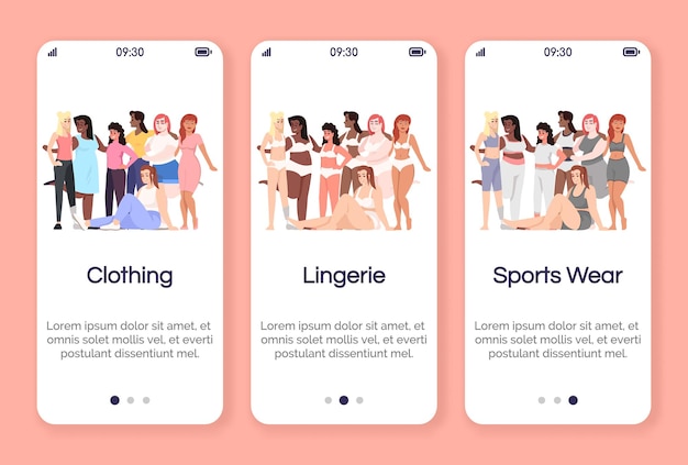 Modelo de vetor de tela de aplicativo móvel de integração positiva do corpo. tipos de roupas. lingerie e roupas esportivas. passos passo a passo do site, caracteres planos. ux, ui, conceito de interface de desenho animado de smartphone gui