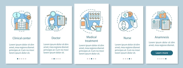 Modelo de vetor de tela de página de aplicativo móvel de integração de medicina e saúde. assistência médica, paciente em tratamento. hospital. etapas do site com ilustrações lineares. conceito de interface de smartphone ux, ui, gui