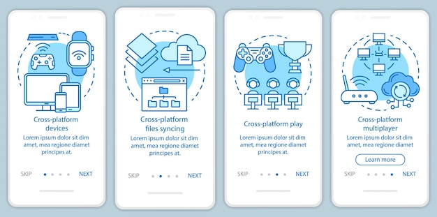 Modelo de vetor de tela de página de aplicativo móvel de integração de plataforma cruzada. sincronização de dispositivos online. passo a passo do site com ilustrações lineares. ux, ui, conceito de interface de smartphone gui