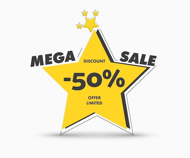 Modelo de vetor estrela marca amarela para mega grande venda. design de banner com traço e texto pretos, com desconto de 50%