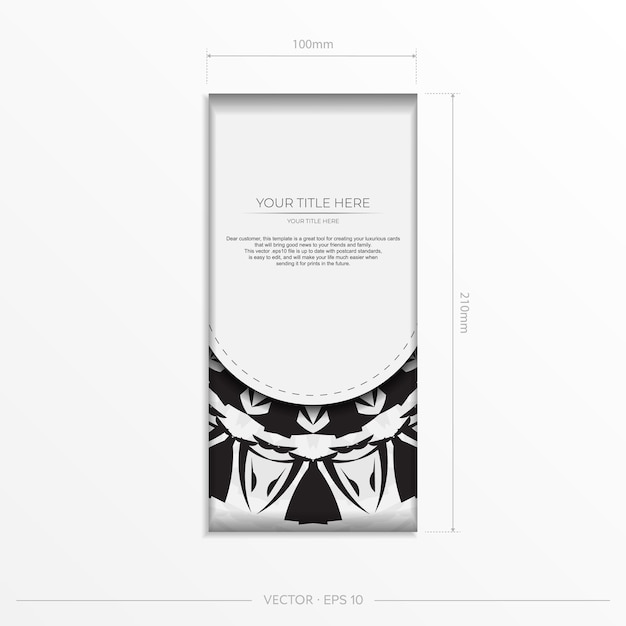 Modelo de vetor luxuoso para cartões postais de design de impressão cor branca com padrões pretos Preparando um convite com um lugar para o seu texto e ornamento abstrato