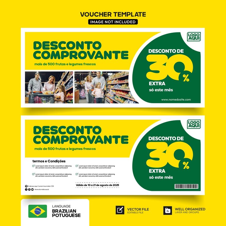 Vetor modelo de voucher de desconto de mercearia em português