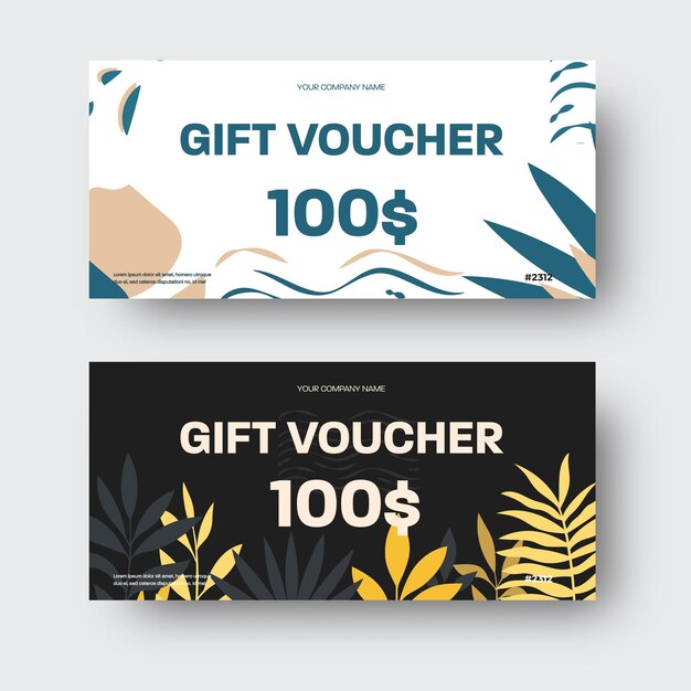 Modelo de voucher de presente vetorial com lugar para marca de texto folhas tropicais galhos exóticos elementos abstratos modernos ilustração criativa de um cartão de felicitações em um conjunto de certificados de fundo branco e preto