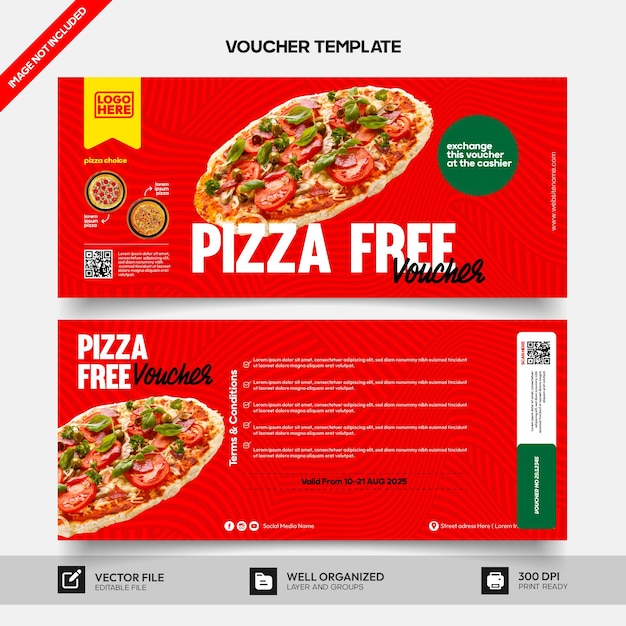 Vetor modelo de voucher gratuito de pizza para necessidades de marketing