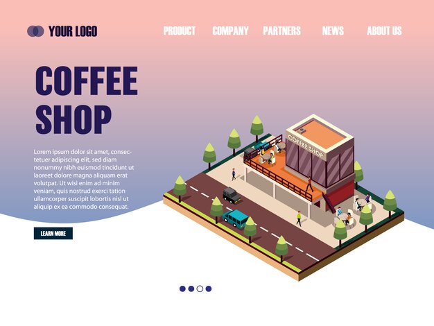 Modelo de web de página de destino isométrico coffee shop