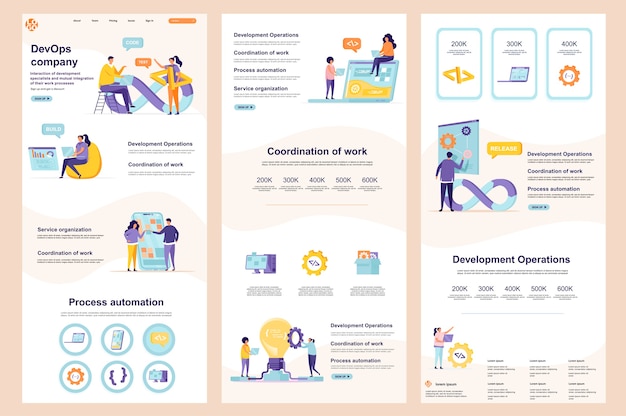 Modelo de website plano da empresa devops, conteúdo intermediário da página de destino e rodapé