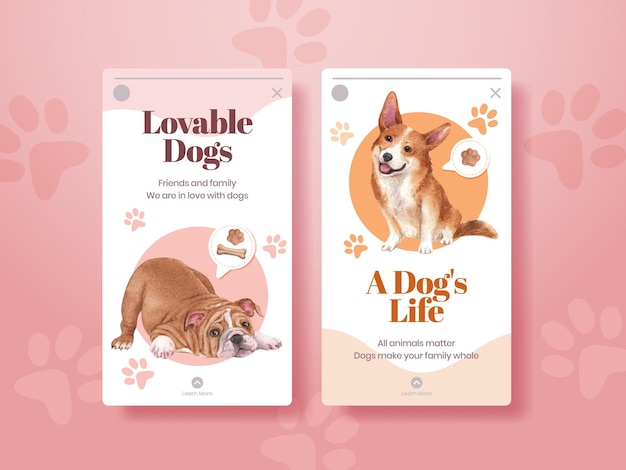 Modelo do Instagram com conceito de cachorro fofo, estilo aquarela