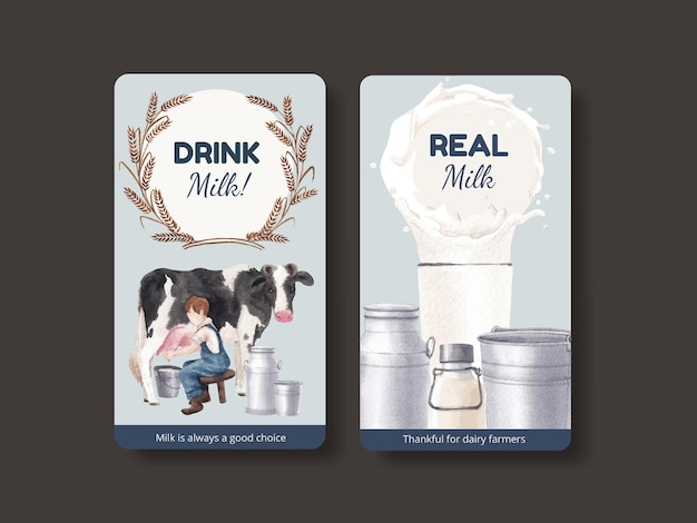 Modelo do instagram com conceito do dia mundial do leite, estilo aquarela