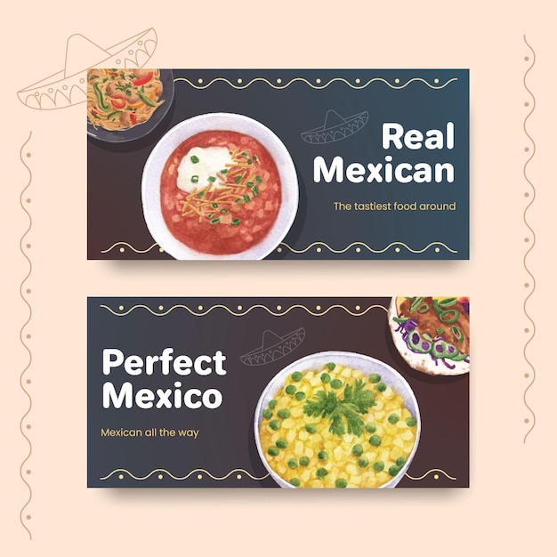 Modelo do twitter com ilustração em aquarela de design de conceito de culinária mexicana