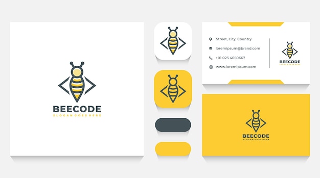 Modelo e cartão de visita do logotipo da abelha voadora e codificação