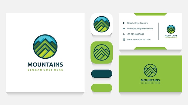 Modelo e cartão de visita do logotipo das montanhas e da natureza