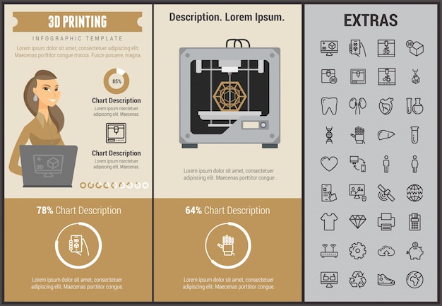 Modelo e elementos de impressão 3d infográfico