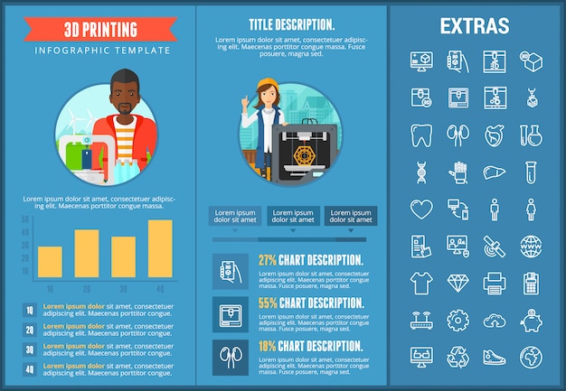 Modelo e elementos de impressão 3d infográfico