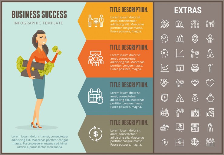 Vetor modelo e elementos de infográfico de sucesso empresarial