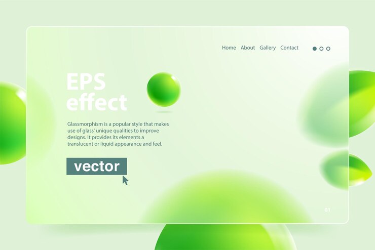 Vetor modelo ecológico em estilo glassmorphism com folhas e esferas verdes flutuantes desfocadas