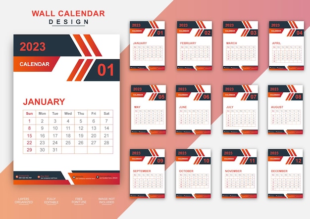 Modelo editável de design moderno de calendário de parede de ano novo de 2023