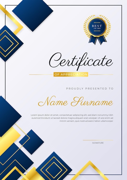 Modelo elegante de prêmio de certificado de diploma azul e dourado