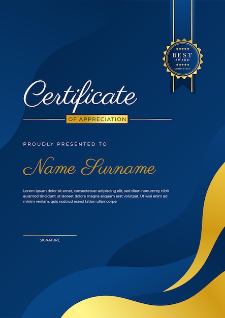 Modelo elegante de prêmio de certificado de diploma azul e dourado