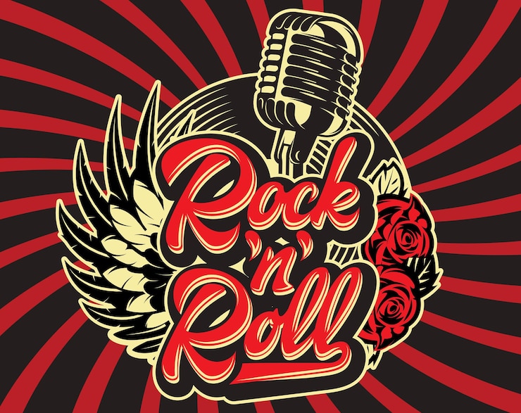 Vetor modelo elegante para impressão sobre o tema da música rock com uma inscrição caligráfica rock n roll