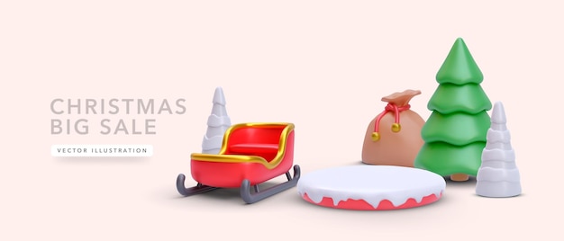 Modelo festivo de natal e ano novo com saco de árvore de natal de trenó realista com presentes banner e pôster web ilustração vetorial