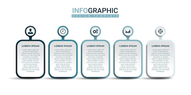 Modelo gráfico de apresentação de negócios com ícones rótulo infográfico tridimensional em 5 opções