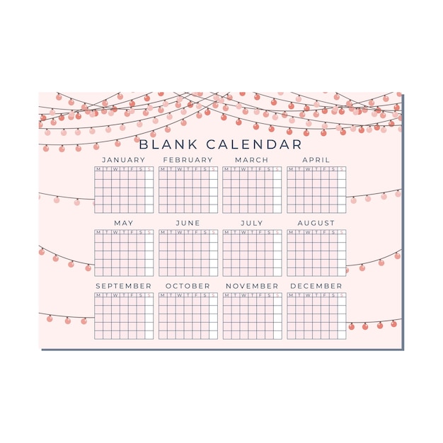 Vetor modelo horizontal de calendário em branco fofo, calendário anual com fundo de lâmpada de lanterna de pêssego rosa