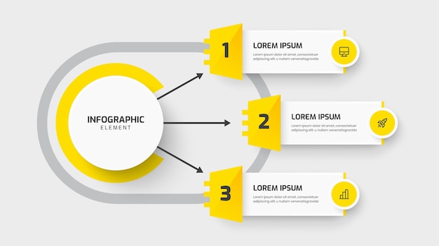 Modelo Infográfico do Círculo Central de Negócios com Desenho Abstrato de Cor Amarela Linha 3 Números