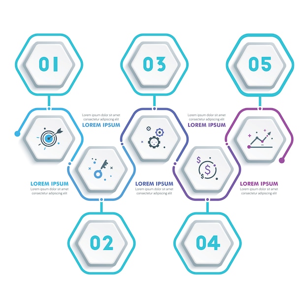 Modelo infográfico hexagonal empresarial com opções e ícones